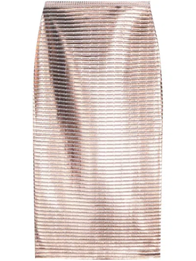 Genny Lamé Midi Pencil Skirt In Pink