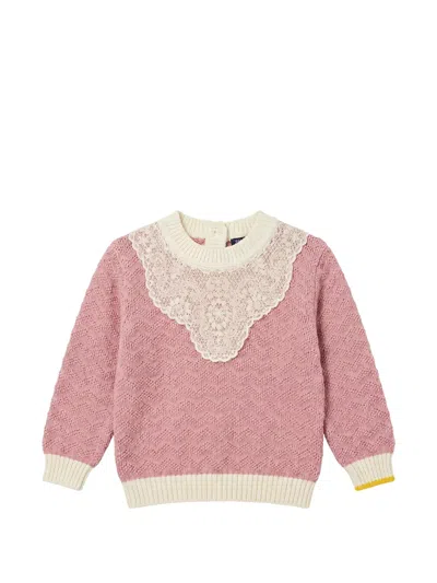 Gensami Babies' Lace-trimmed Chevron-knit Sweater In Pink