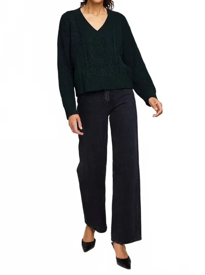 Gentle Fawn Marcie V Neck Cable Knit Pullover Sweater In Wintergreen In Black