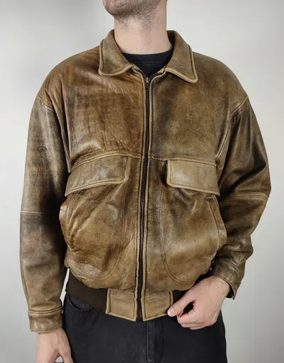 Pre-owned Genuine Leather 90's Vintage Aviator Leather Sheepskin Bomber Jacket In Brown