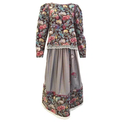 Pre-owned Geoffrey Beene 1970s  Floral Print Wool Crepe Blouse And Skirt Set In Gray