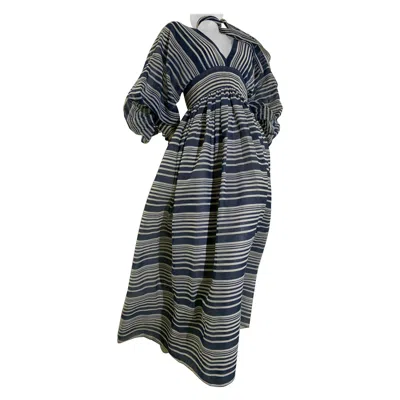 Pre-owned Geoffrey Beene 1971  Navy & White Cotton Stripe Voile Peasant Gown W Full Sleeves