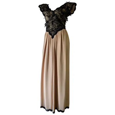 Pre-owned Geoffrey Beene 1980s  Black Lace & Cream Silk Gown W/ Exaggerated Shoulders In White