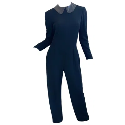 Pre-owned Geoffrey Beene 1980s  Size 10 Vintage Black Wool Jumpsuit Leather Collar Pockets