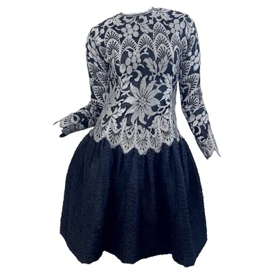 Pre-owned Geoffrey Beene 1980s  Size 6 Black Silver Silk Lace Vintage Log Sleeve 80s Dress