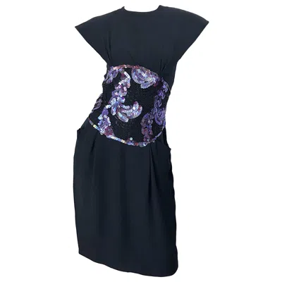 Pre-owned Geoffrey Beene 1980s  Size 8 10 Avant Garde Black Purple Sequin Lace Silk Dress