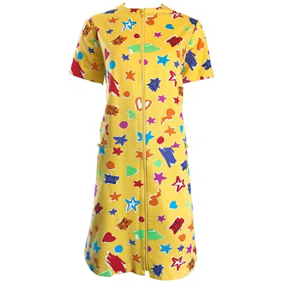 Pre-owned Geoffrey Beene 1990s  Vintage Hearts Stars Yellow Colorful Cotton 90s Shift Dress