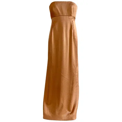 Pre-owned Geoffrey Beene 1990s Textured Silk Apricot Beige Strapless Evening Gown In Orange