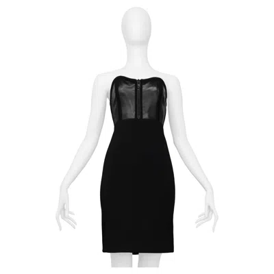 Pre-owned Geoffrey Beene Black Leather & Wool Strapless Dress