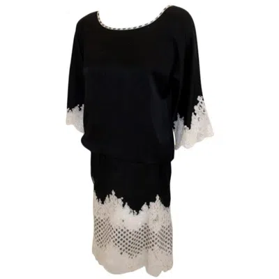 Pre-owned Geoffrey Beene Black Silk And Lace Cocktail Dress With Sash Belt Circa 1990