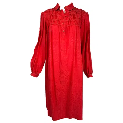 Pre-owned Geoffrey Beene Coral Red Silk Jacquard Smock Dress 1970s