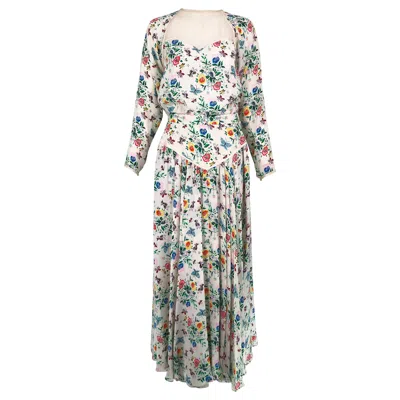 Pre-owned Geoffrey Beene Floral Cloque Silk & Sheer Silk Top & Yoke Hip Maxi Skirt 1970s In Gray