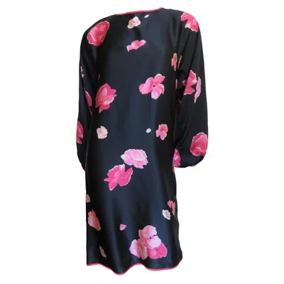 Pre-owned Geoffrey Beene Flower Silk Dress 1970s In Black