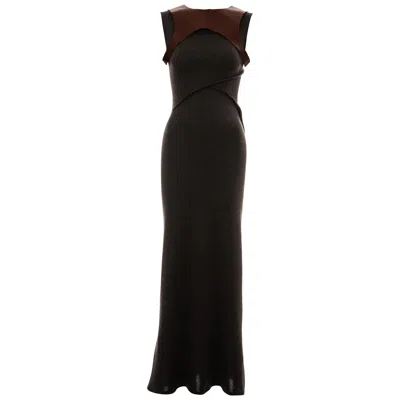 Pre-owned Geoffrey Beene Grey Wool Jersey Maxi Dress With Brown Leather Harness, Ss 1999 In Gray