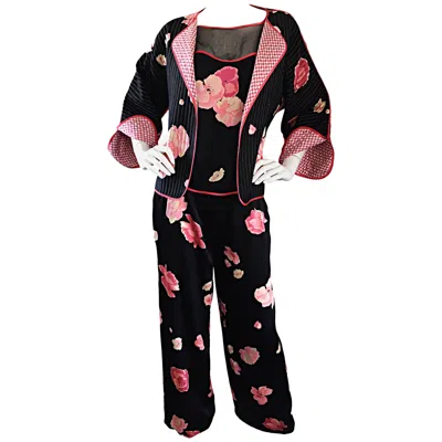 Pre-owned Geoffrey Beene Important  Vintage 3 Piece Silk Pajama Style Jacket + Top + Pants In Black