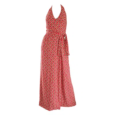 Pre-owned Geoffrey Beene Rare Vintage  1970s Pill Print Halter Jersey70s Wrap Maxi Dress In Pink