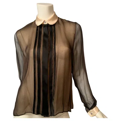 Pre-owned Geoffrey Beene Sheer Black Silk Chiffon Blouse Cream Satin Collar And Cuffs In White