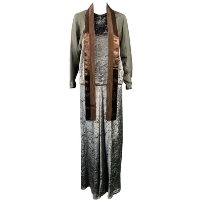 Pre-owned Geoffrey Beene Size 6 Grey Green Brown Silk Polyester Velvet Top Skirt Set