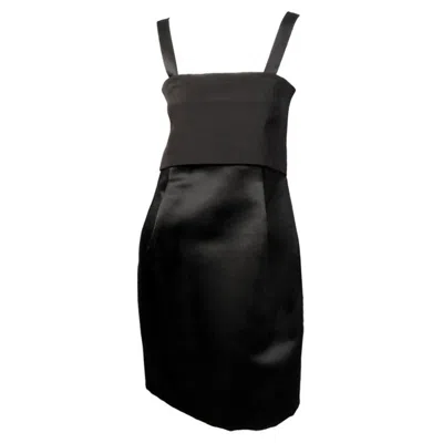Pre-owned Geoffrey Beene Sleek Black Silk Cocktail Dress With Peek A Boo Cream Satin Panel In White