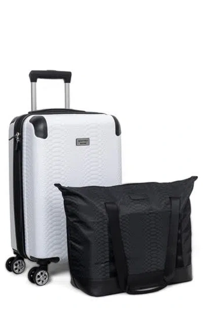 Geoffrey Beene Snakeskin Embossed Tote Bag & Hardside Spinner Suitcase Set In White/black Trim