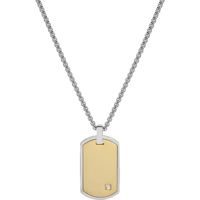 Geoffrey Beene Stainless Steel Cubic Zirconia Dog Tag Pendant Necklace