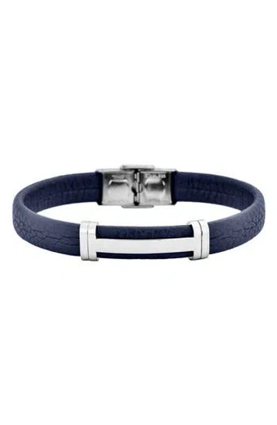 Geoffrey Beene Stainless Steel Cutout Id Leather Bracelet