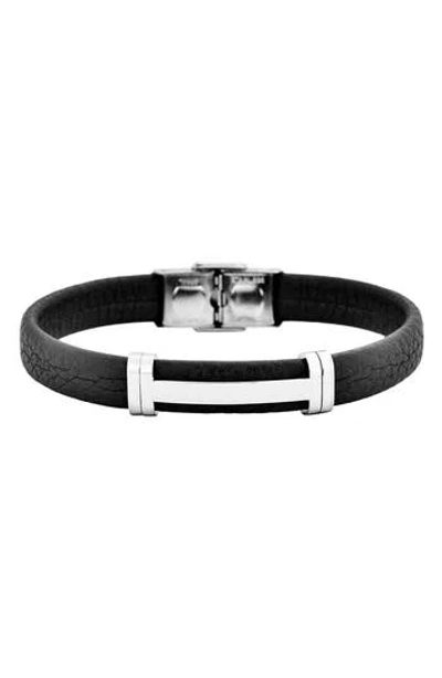 Geoffrey Beene Stainless Steel Cutout Id Leather Bracelet