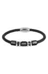 Geoffrey Beene Stainless Steel Ornaments Leather Bracelet In Black