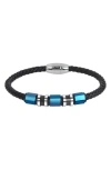Geoffrey Beene Stainless Steel Ornaments Leather Bracelet In Blue