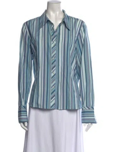 Pre-owned Geoffrey Beene Striped Long Sleeve Button-up Top In Blue
