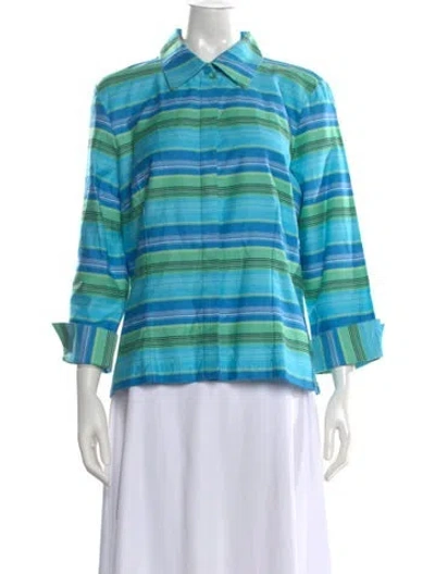 Pre-owned Geoffrey Beene Striped Three-quarter Sleeve Button-up Top W/ Tags In Blue