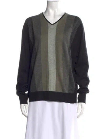 Pre-owned Geoffrey Beene Striped V-neck Sweater In Black