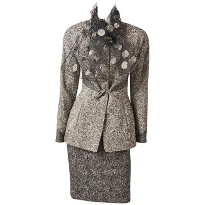 Pre-owned Geoffrey Beene Tweed Skirt Suit With Tulle Scarf In Gray