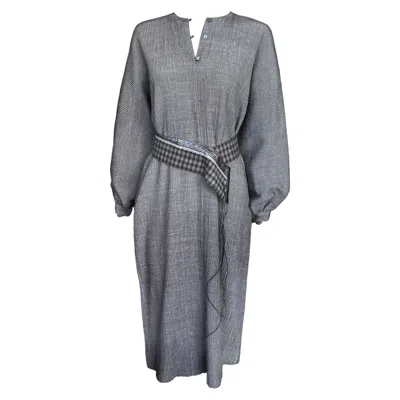 Pre-owned Geoffrey Beene Vintage 1970s Crinkle Caftan Unisex Taupe Pleated Dress In Brown