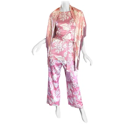 Pre-owned Geoffrey Beene Vintage 1970s Pink + White Four Piece Silk Pants Top Belt & Shawl