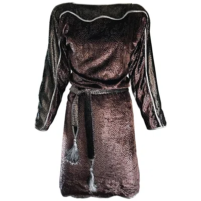Pre-owned Geoffrey Beene Vintage Brown Silk Burnt Out Velvet Tassel Belt Long Sleeve Dress