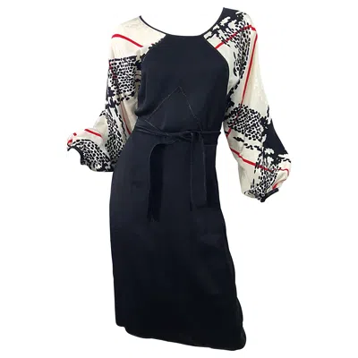 Pre-owned Geoffrey Beene Vintage  1980s Size 6 Houndstooth Black White Red Silk 80s Dress