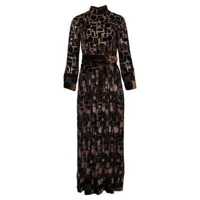 Pre-owned Geoffrey Beene Vintage  Burnt Velvet Long Sleeved Chocolate Brown Belted Dress