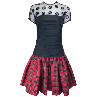 Pre-owned Geoffrey Beene Vintage  Size 4 Rare Black + Red Tartan Plaid Silk Cocktail Dress