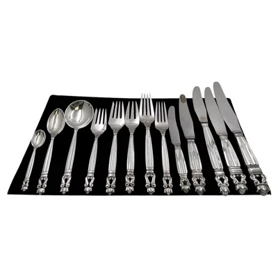 Pre-owned Georg Jensen 52-piece Sterling Silver Flatware Set In Acorn Pattern In Black