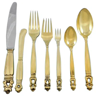 Pre-owned Georg Jensen Acorn By  Sterling Silver Flatware Set 12 Service 102pc Gold Vermeil