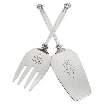 Pre-owned Georg Jensen & Wendel Denmark Acorn Sterling 2pc Fish Serving Set #14715 In Multi