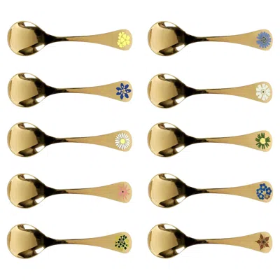 Pre-owned Georg Jensen Annual Spoons Gilt Sterling Silver With Enamel, Set Of 10 In Sand