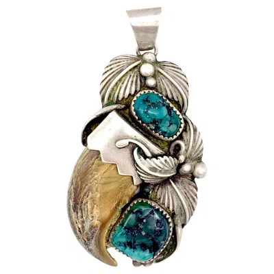 Pre-owned Georg Jensen Antique Art Nouveau Pendant Necklace Silver Turquoise Horn Leaves In Multi