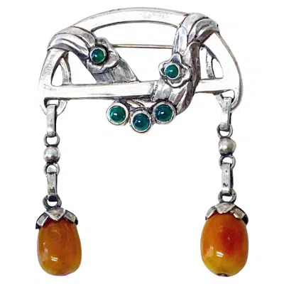 Pre-owned Georg Jensen Antique Early  Amber And Agate Brooch C.1908 Design #8 In Brown