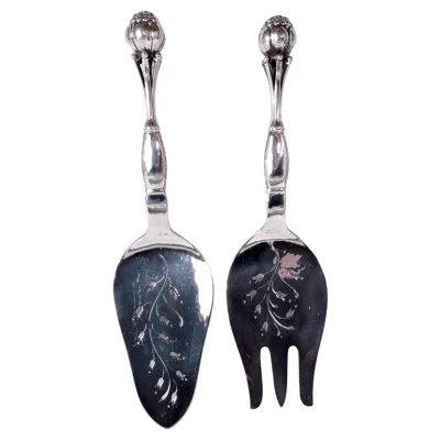 Pre-owned Georg Jensen Danish Modern Sterling Silver Fish Serving Pair In Black