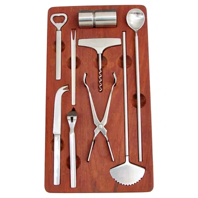 Pre-owned Georg Jensen George Jensen Denmark Large Bar Cocktail Tool Set In Fitted Teak Holder In Brown