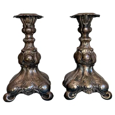 Pre-owned Georg Jensen Hand-crafted Baroque Silver Plate Candle Holders By Gab, 1930s Sweden In Black