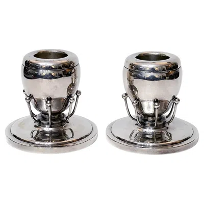 Pre-owned Georg Jensen Holiday Gift - Pair Of Silverplate Candle Holders In The Style Of  In Gray