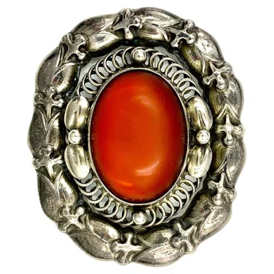 Pre-owned Georg Jensen Large Early Estate  Cabochon Amber Sterling Silver Pendant Brooch In Brown